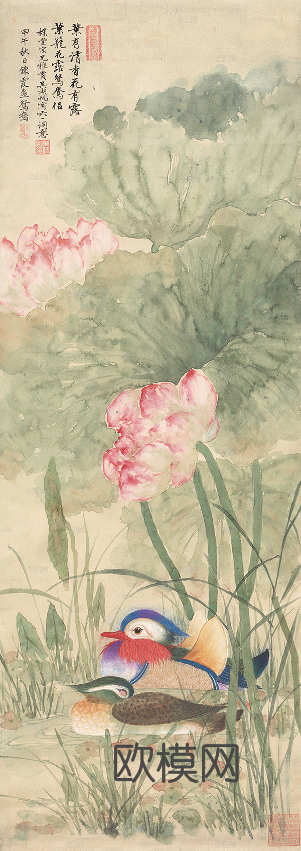 齐白石写意水墨画，近现代水墨画-荷花鸳鸯 33X92