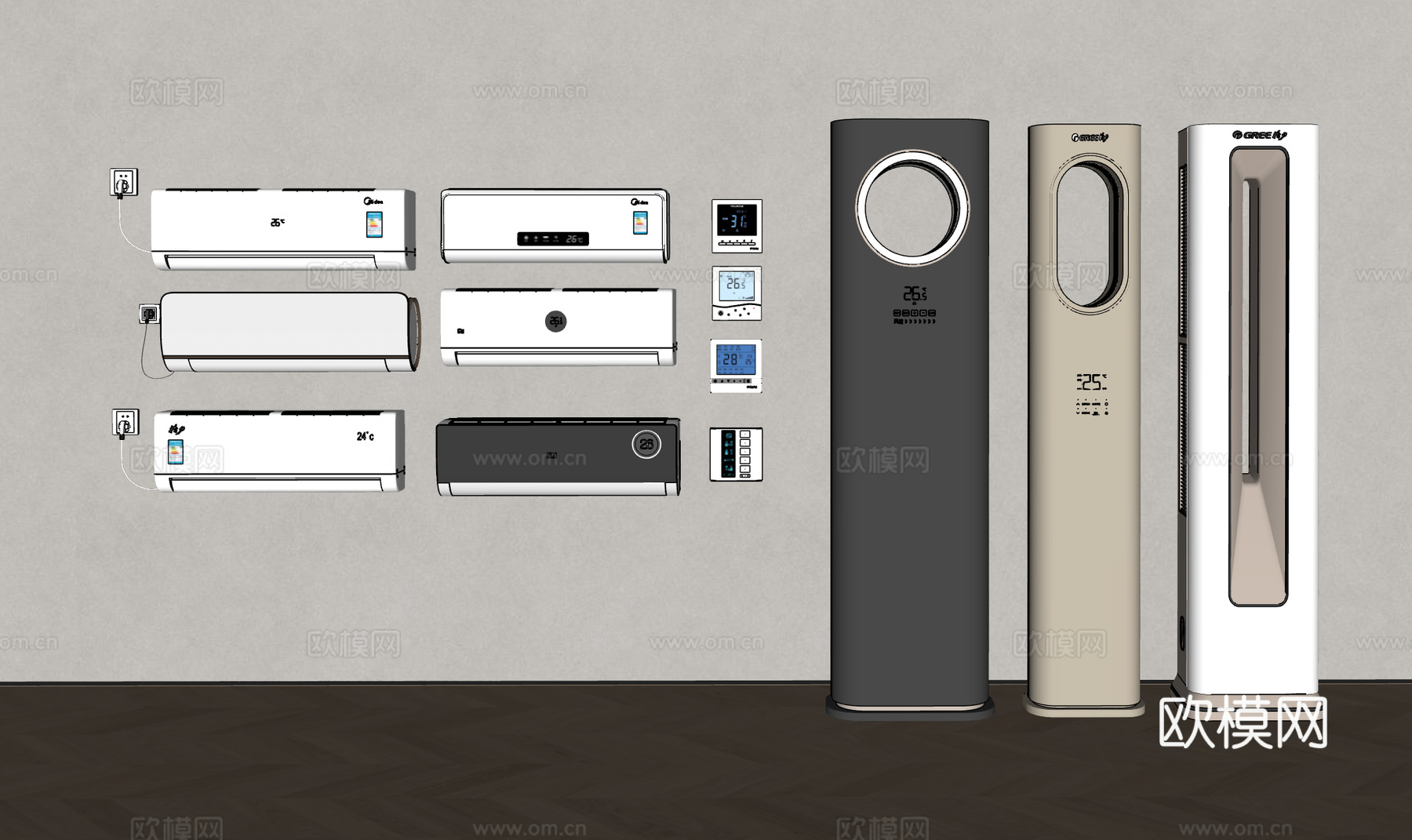 现代空调组合 空调挂机 立式空调su模型
