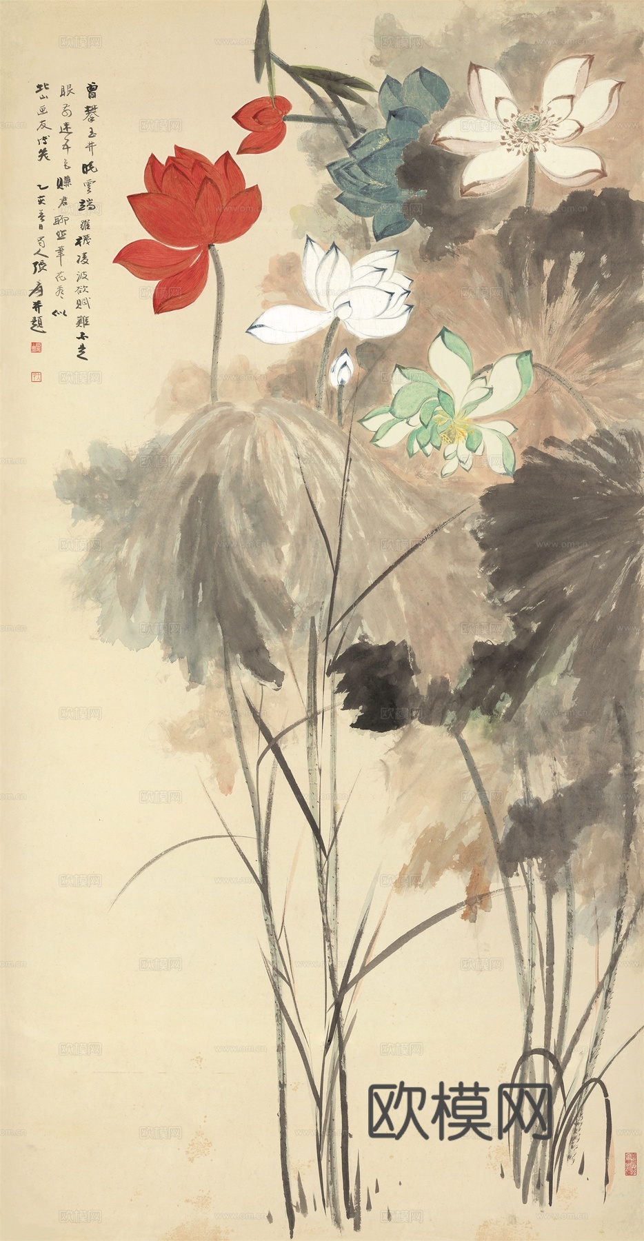 张大千绘画作品，中国近现代水墨画，写意水墨画五色荷花纸本