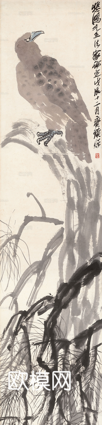 徐悲鸿水墨画，水墨花鸟动物画，近现代水墨画， 老鹰 截取 3