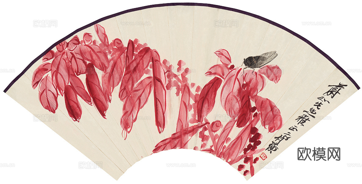 齐白石写意水墨画，近现代水墨画 扇面 鸣蝉老少年图扇 纸本4