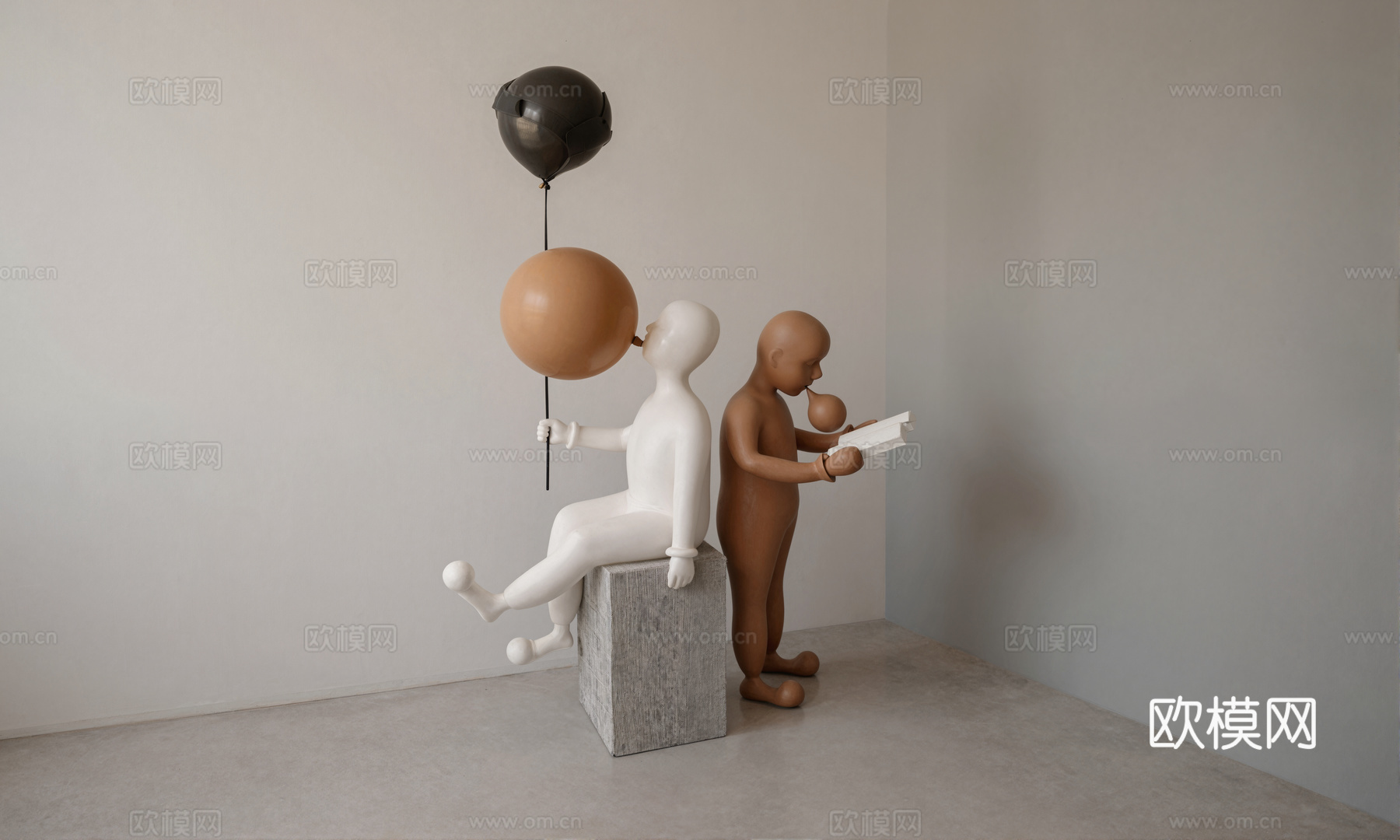 现代人物吹泡泡雕塑摆件su模型