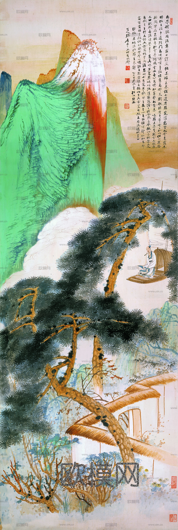 张大千绘画作品，中国近现代水墨画，写意水墨画青绿山水人物图