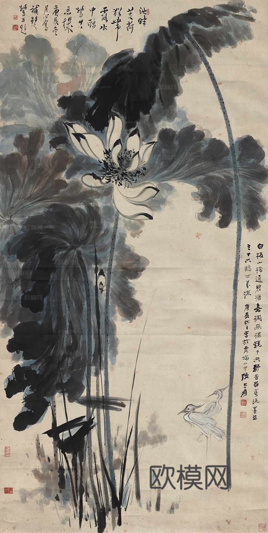 张大千绘画作品，中国近现代水墨画，写意水墨画荷花仙鹤