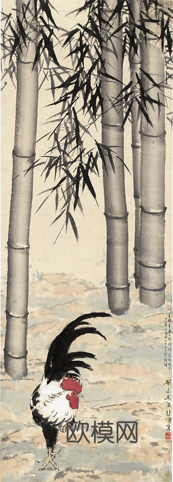 徐悲鸿水墨画，水墨花鸟动物画，近现代水墨画， 竹报平安-14