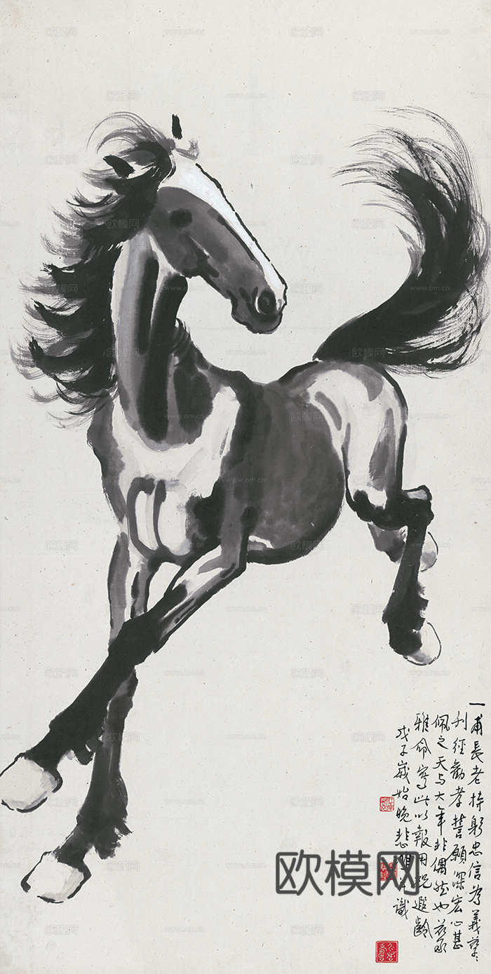 徐悲鸿水墨画，水墨花鸟动物画，近现代水墨画， 墨笔奔马回眸图