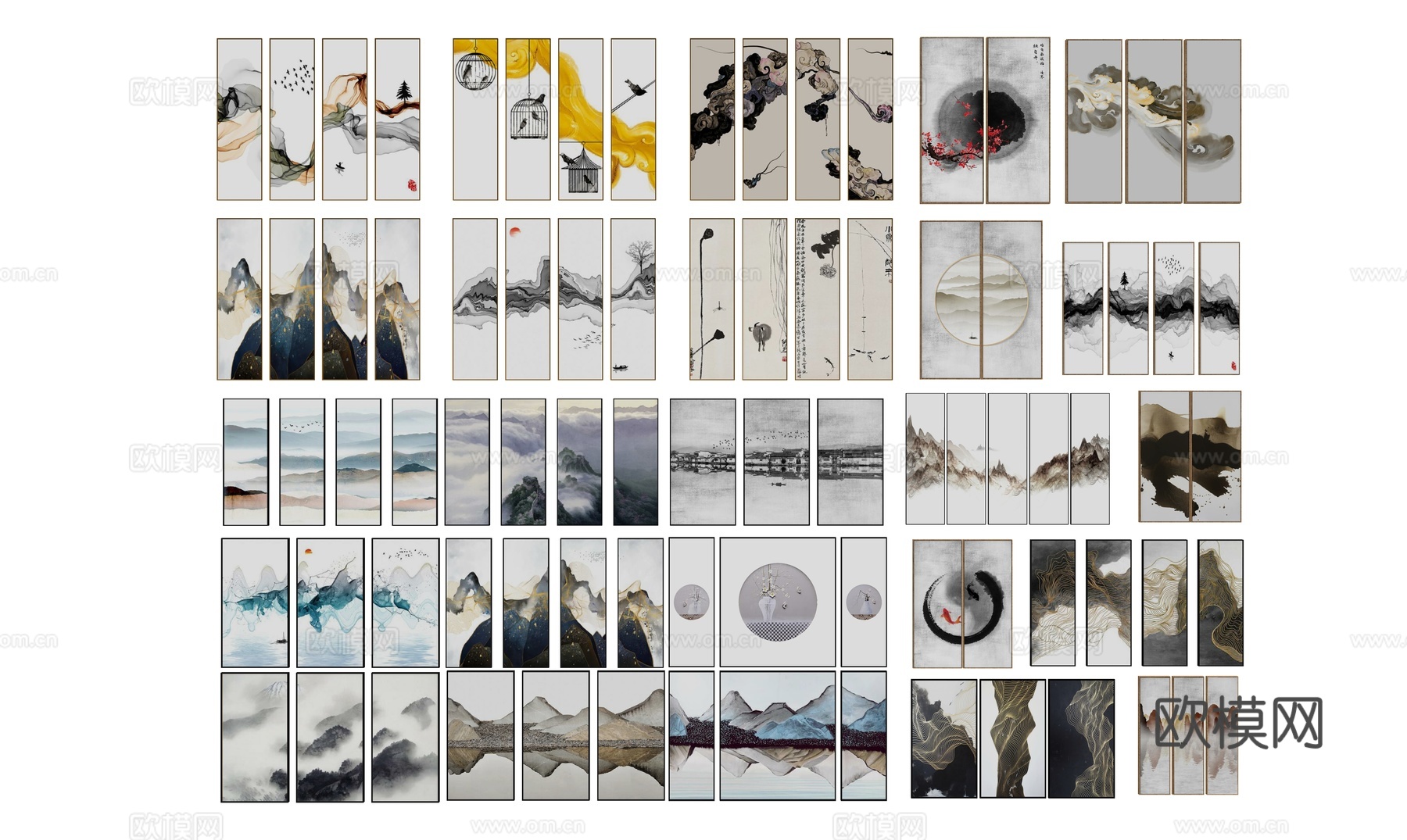 新中式山水挂画装饰画 禅意挂画 三联幅 四联幅 横幅挂画 玄su模型