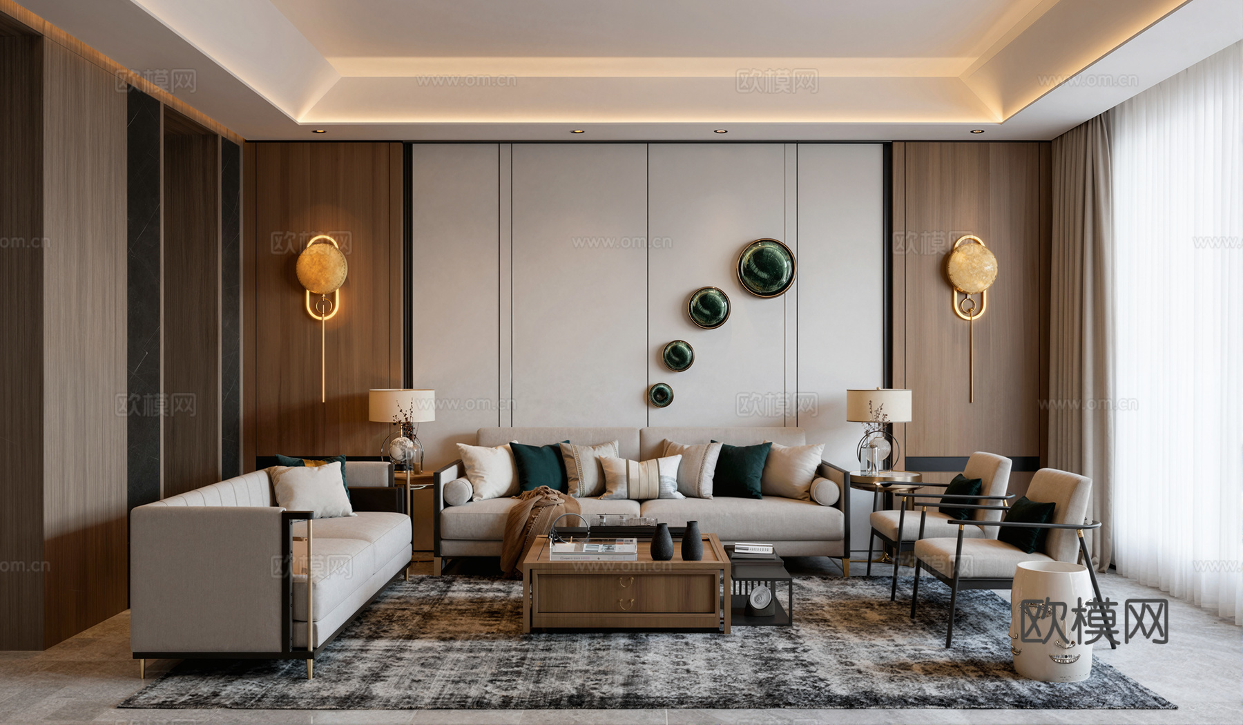 新中式客厅沙发茶几组合su模型