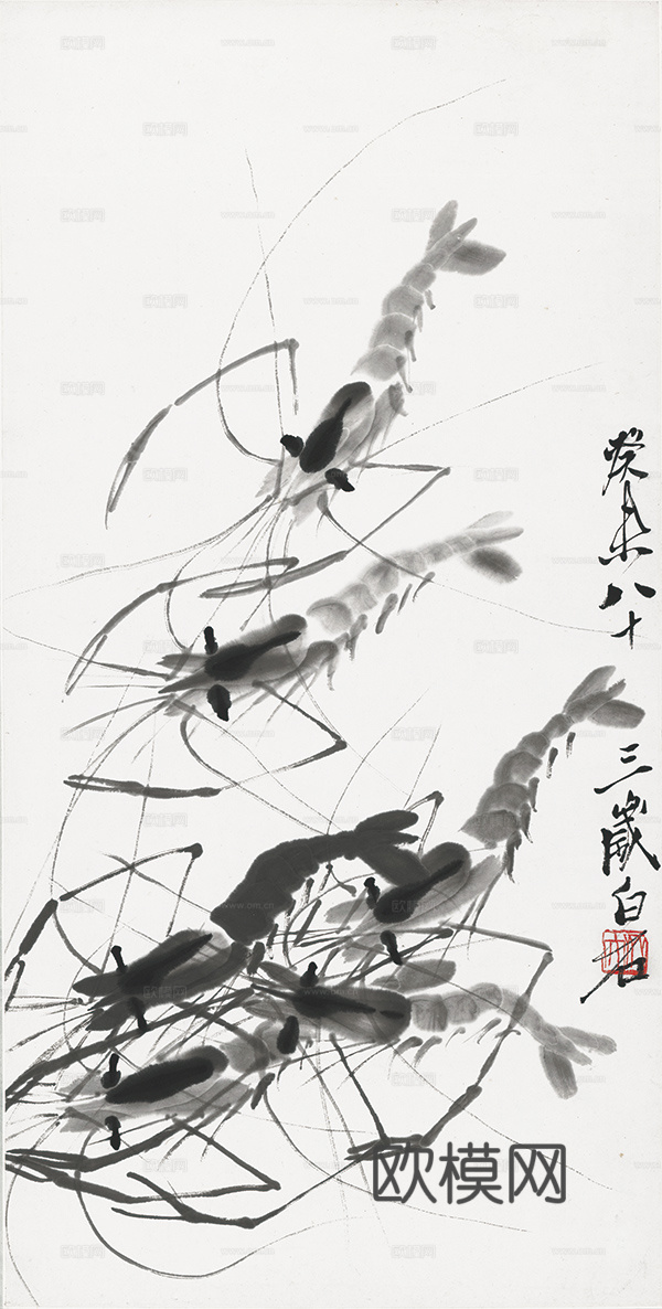 齐白石写意水墨画，近现代水墨画-虾六只 修 34x67