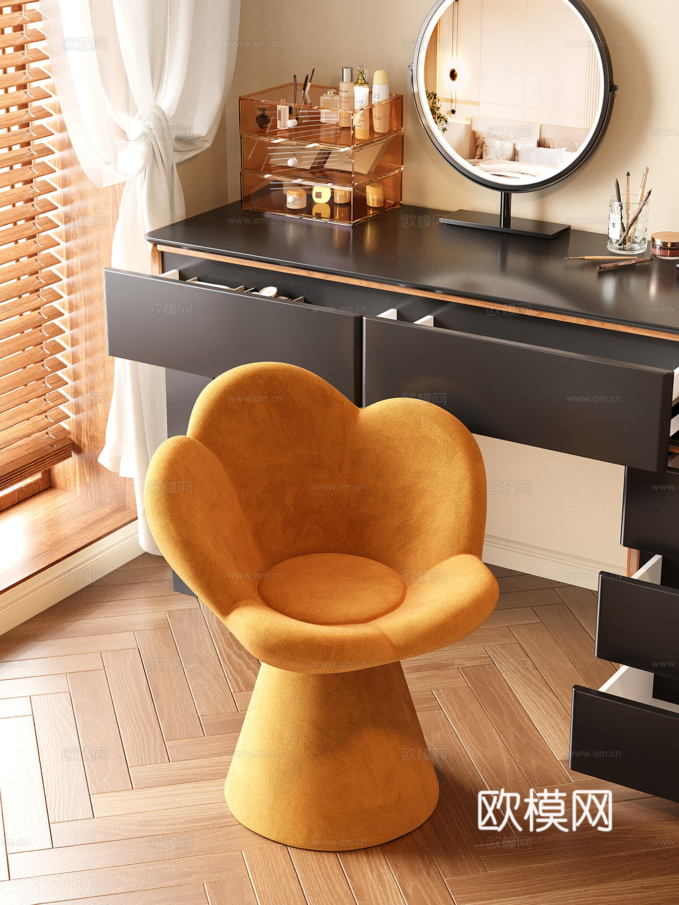 奶油风化妆凳 梳妆凳 花瓣椅 沙发凳su模型下载（渲染图1）