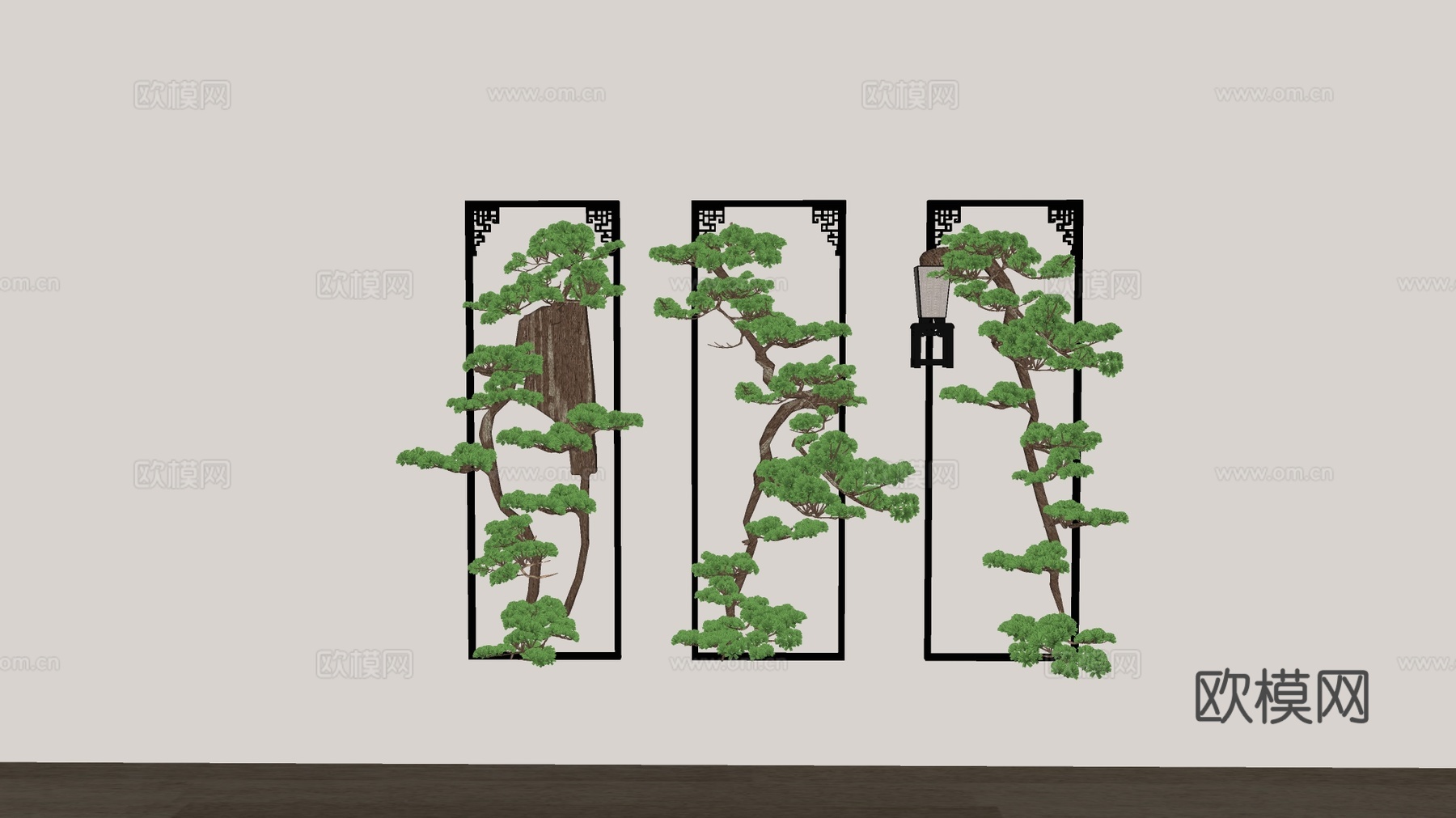 新中式禅意装饰画 金色金属画框 松树盆景 原创墙面艺术品su模型