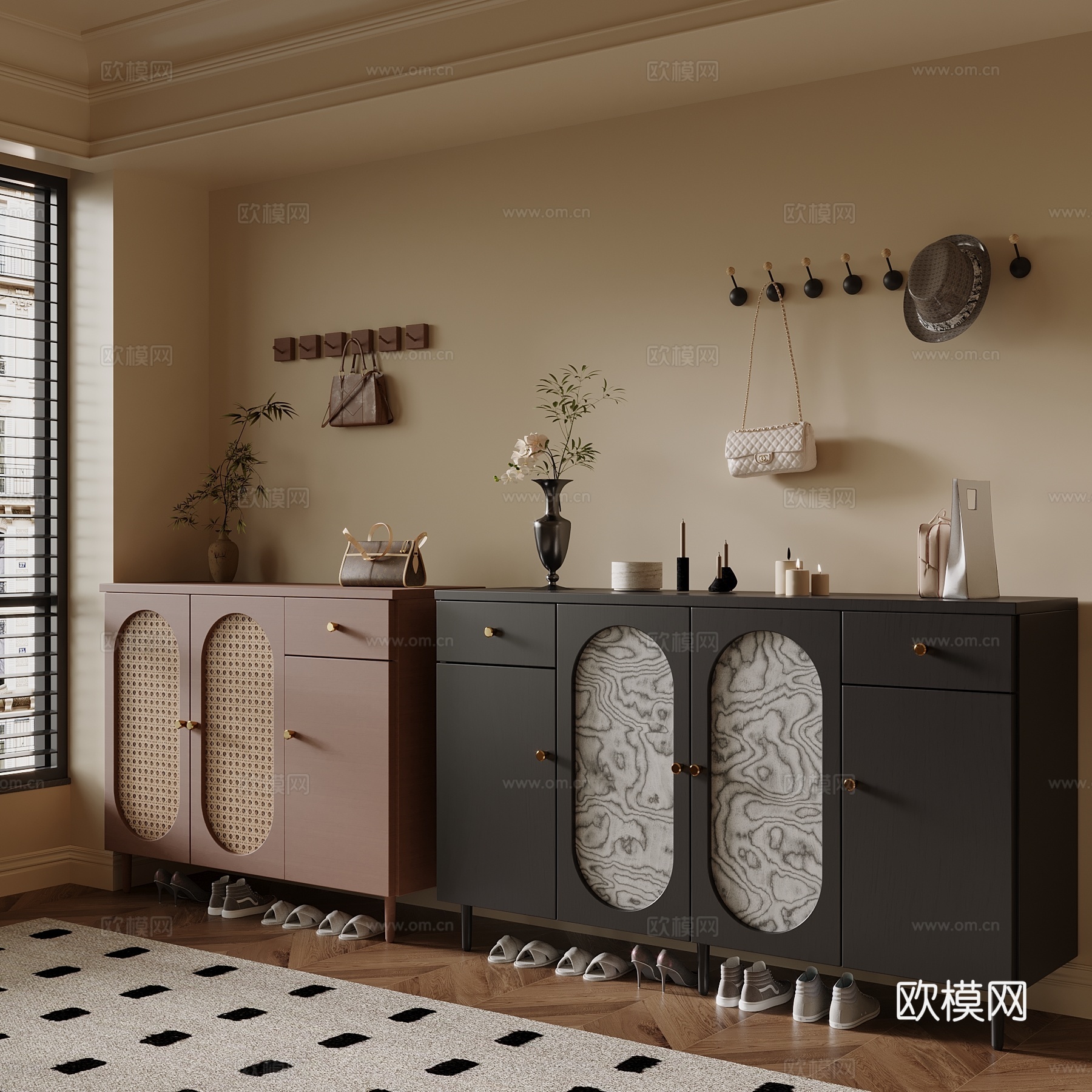 中古风鞋柜 法式鞋柜 挂衣板su模型