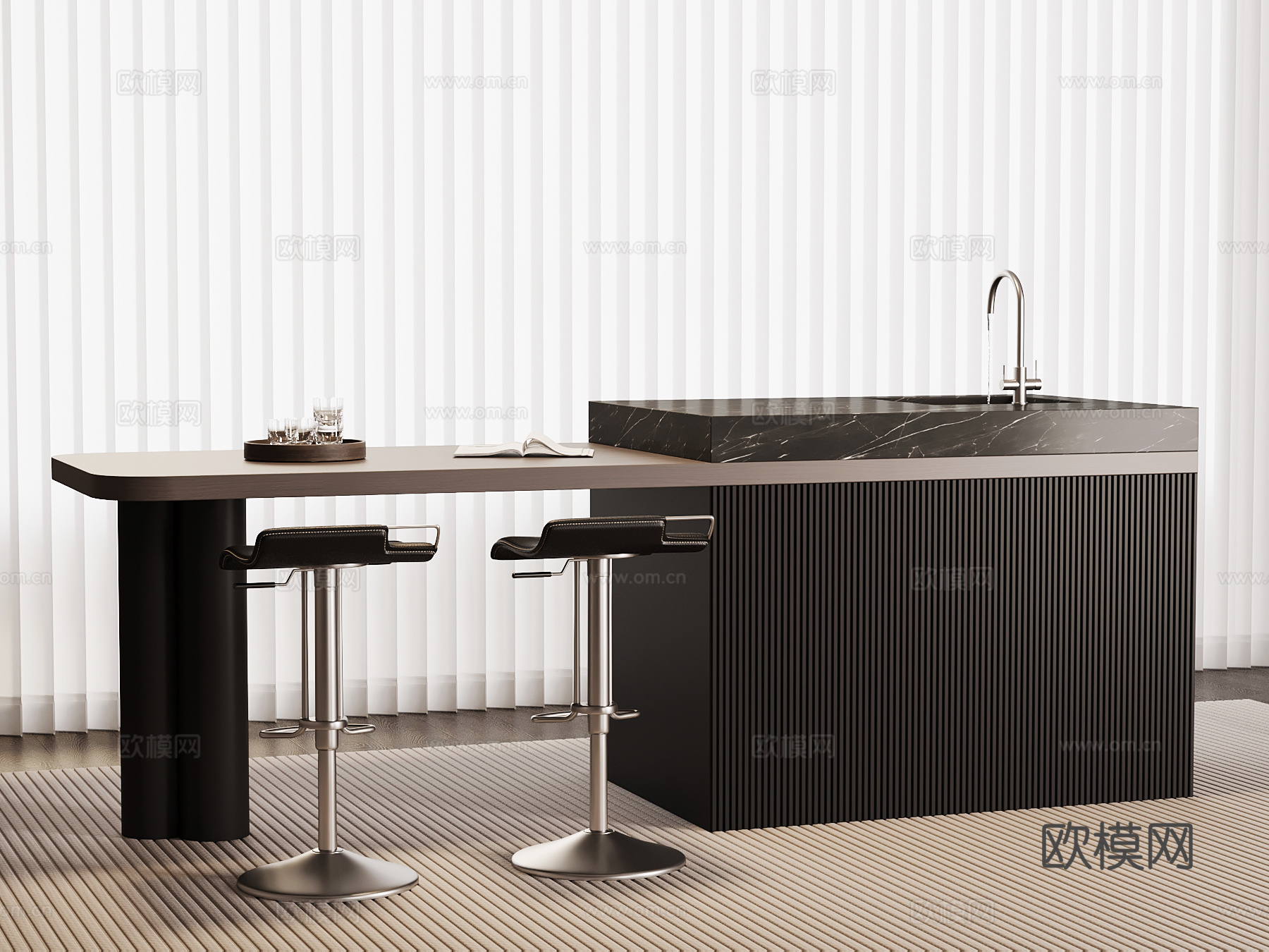 现代意式岛台 吧台 开放式餐桌椅su模型