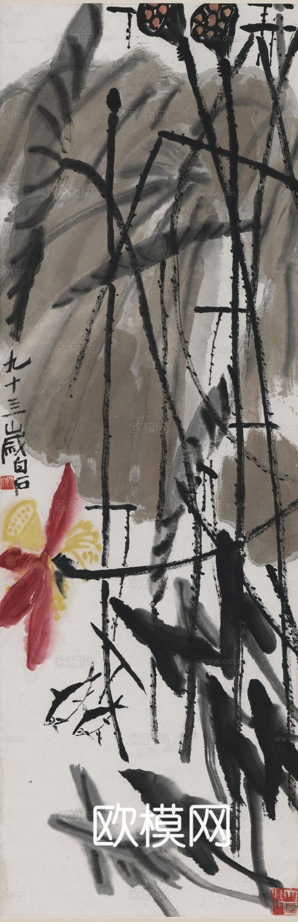 齐白石写意水墨画，近现代水墨画-荷塘双鱼图