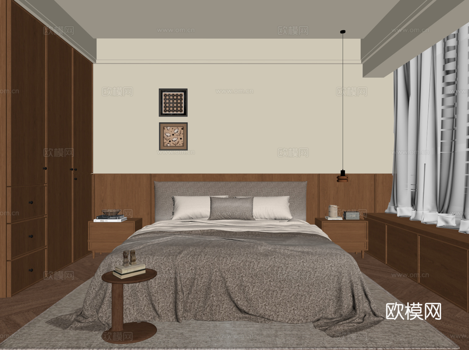 中古风卧室 双人床 衣柜su模型