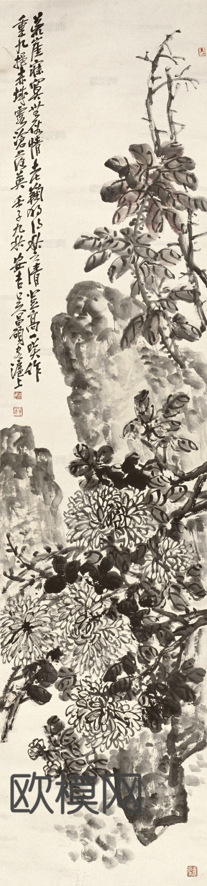 齐白石写意水墨画，近现代水墨画菊石图