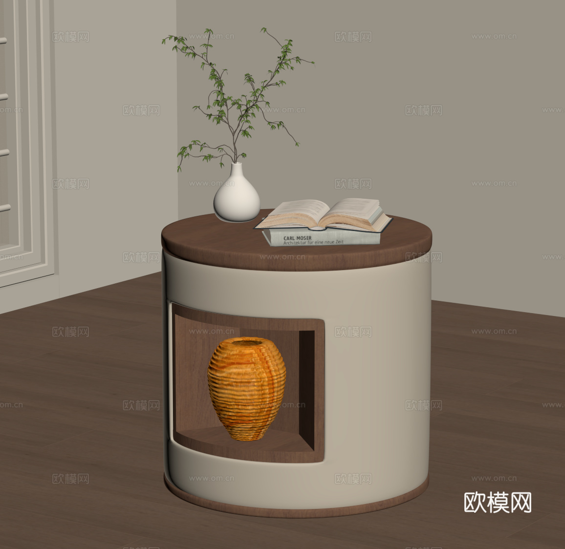 中古侘寂床头柜 边几 角几圆几su模型