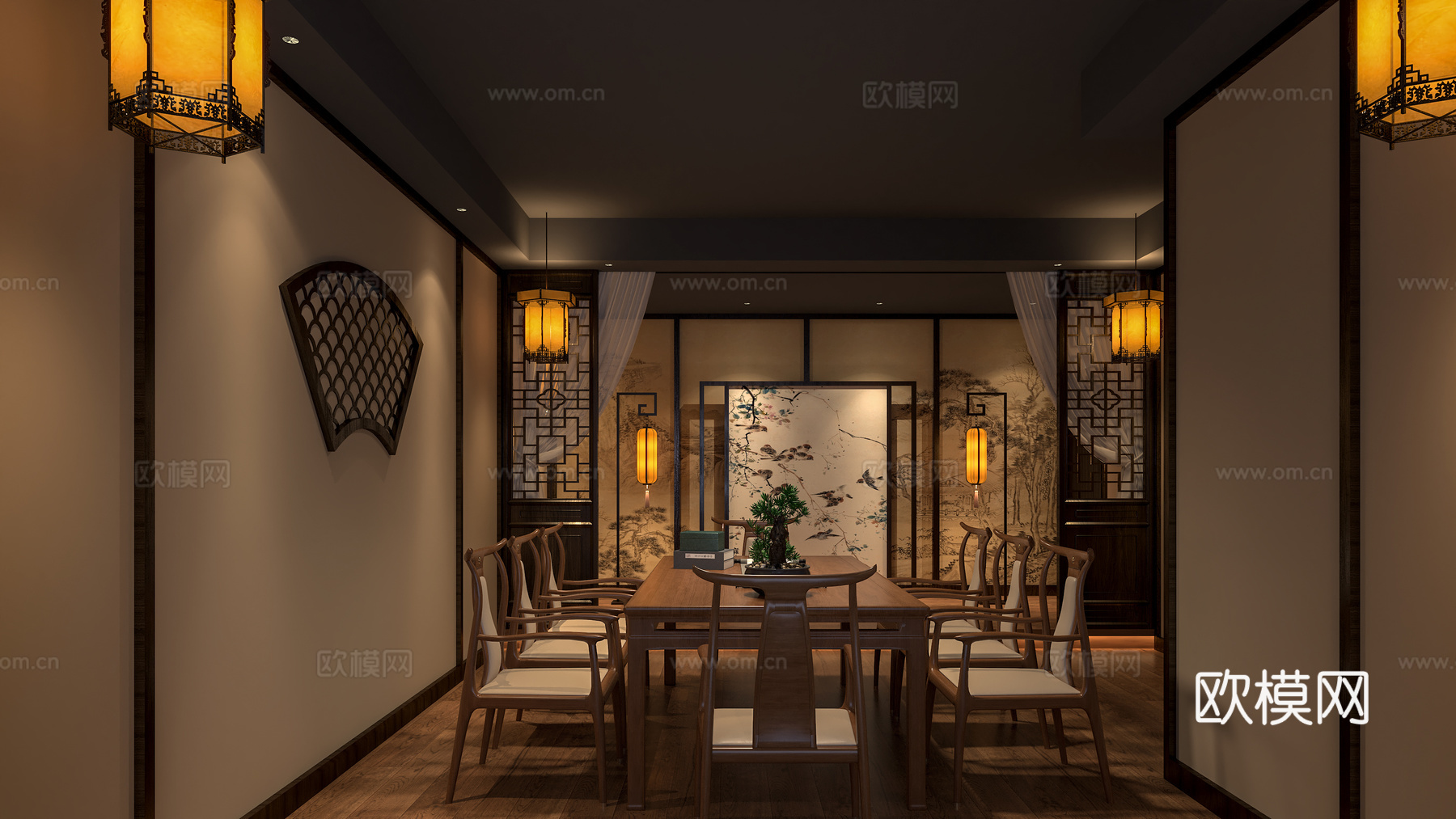 新中式剧本杀 剧本杀包间 桌游室 推理 三国杀 密室 桌椅3d模型下载（渲染图1）