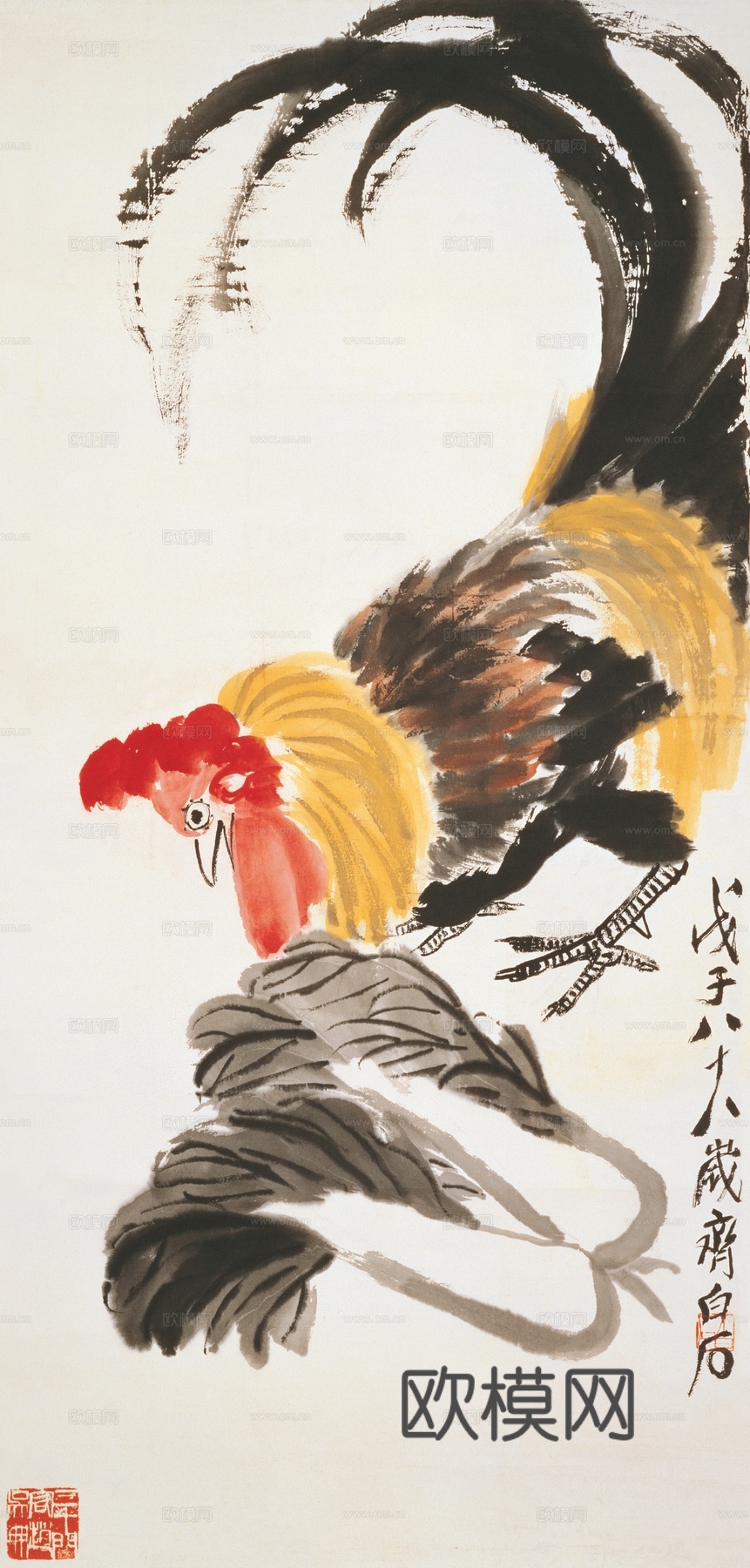 齐白石写意水墨画，近现代水墨画公鸡与白菜