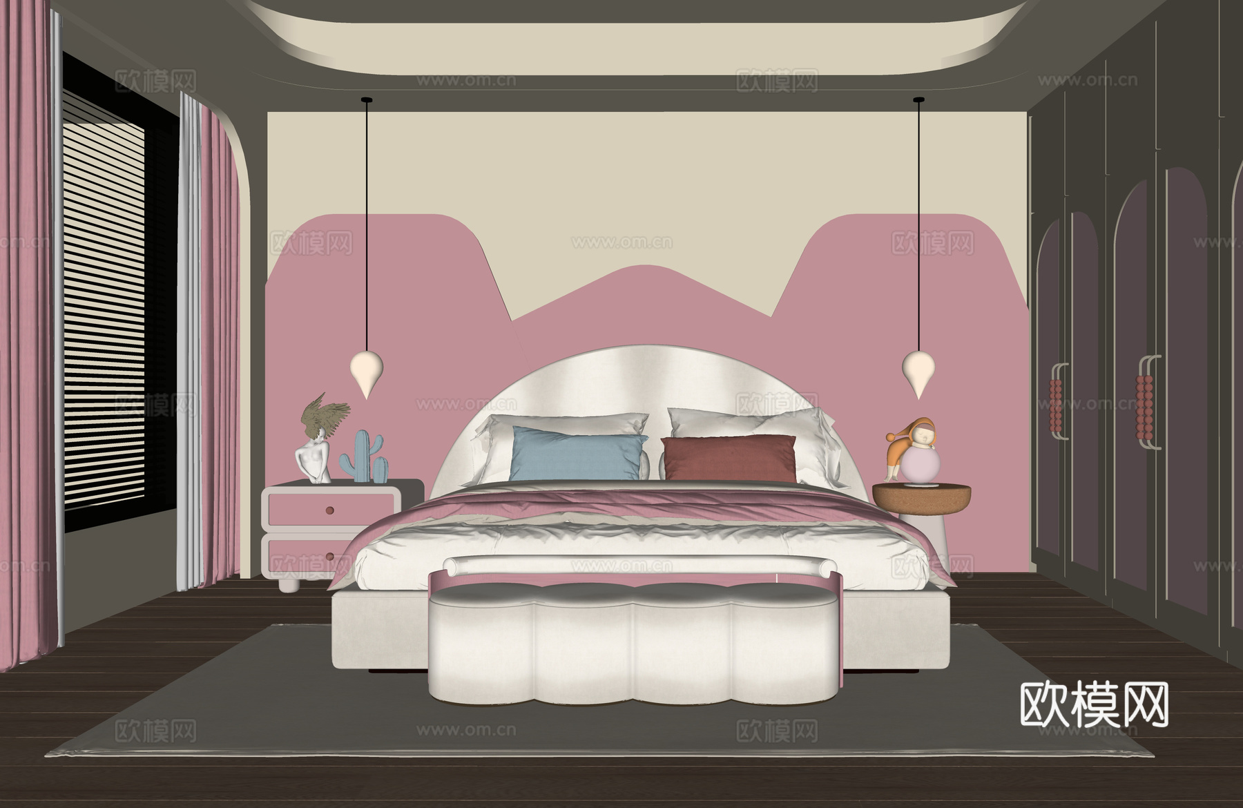 现代儿童房 女孩房 卧室 儿童床 儿童床头柜su模型