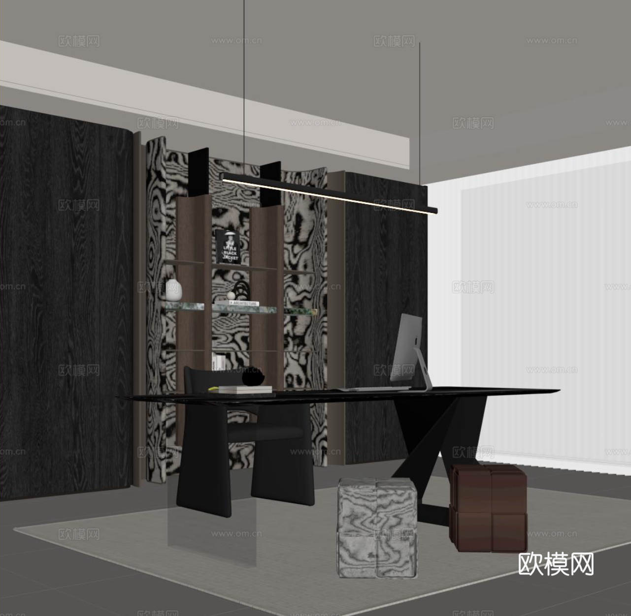 现代书房 书柜 书桌椅su模型