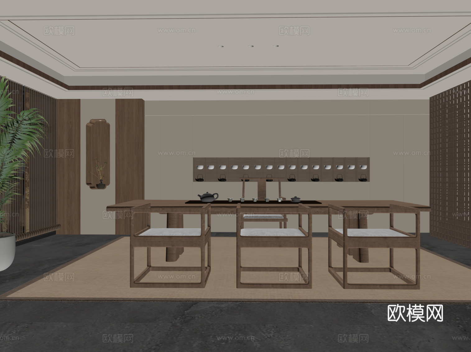 新中式茶室 茶桌椅 博古架su模型