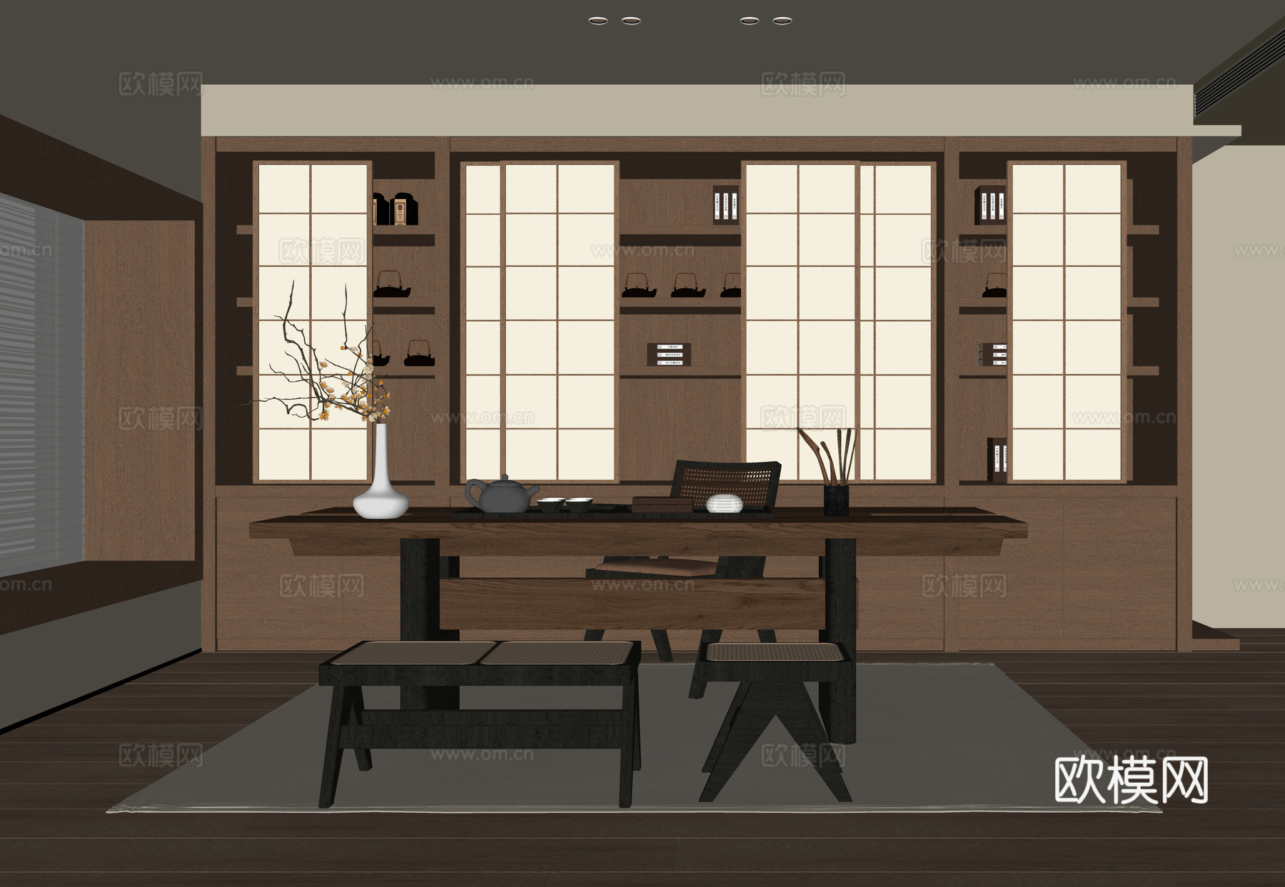 现代茶室 茶桌椅 茶柜su模型