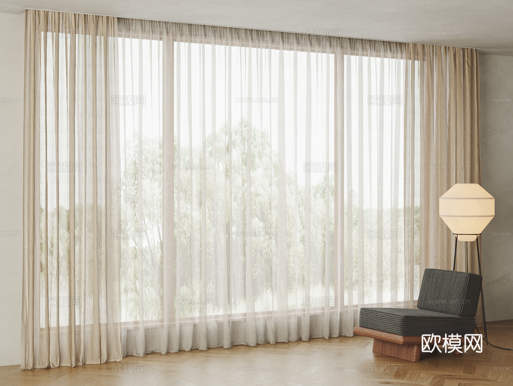 现代简约双层窗帘 亚麻窗帘 纱帘su模型