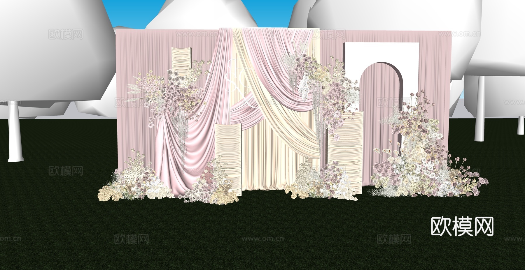 小众香槟粉布幔婚礼美陈su模型