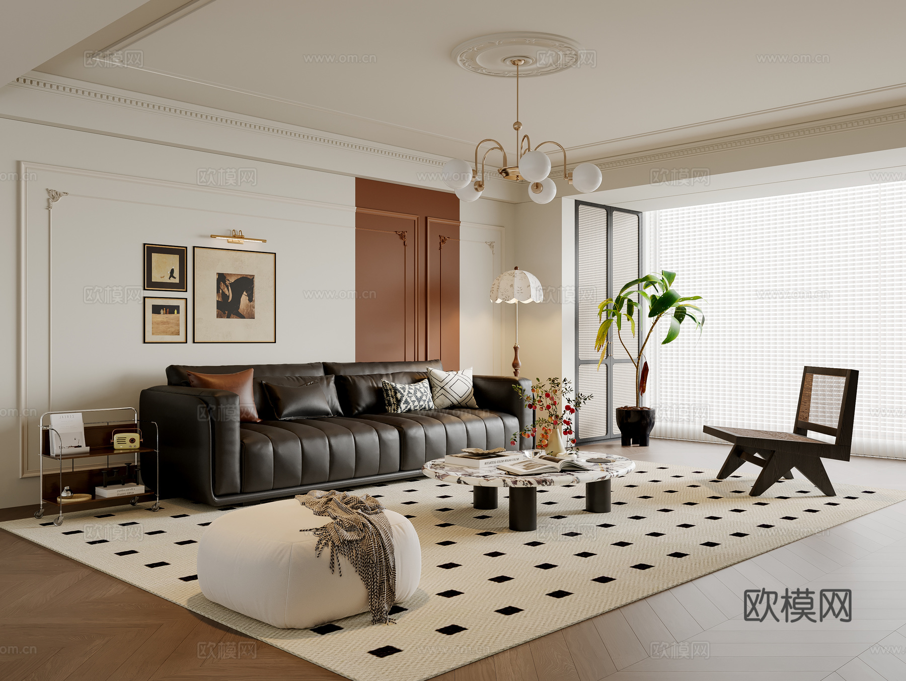 法式中古风客厅 沙发茶几 休闲椅 挂画 吊灯 落地灯 地毯su模型