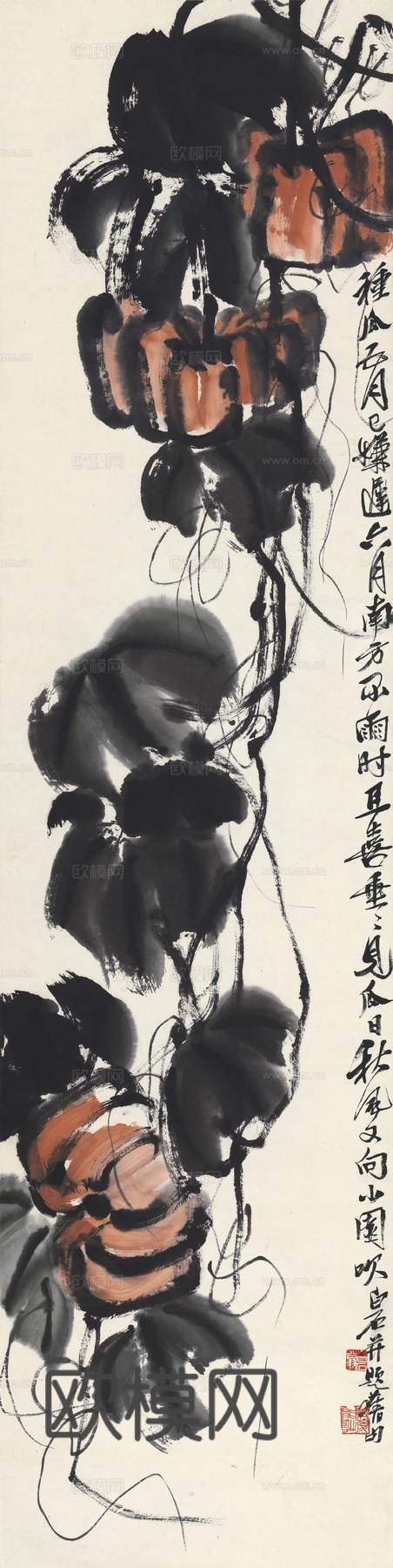 齐白石写意水墨画，近现代水墨画，南瓜图