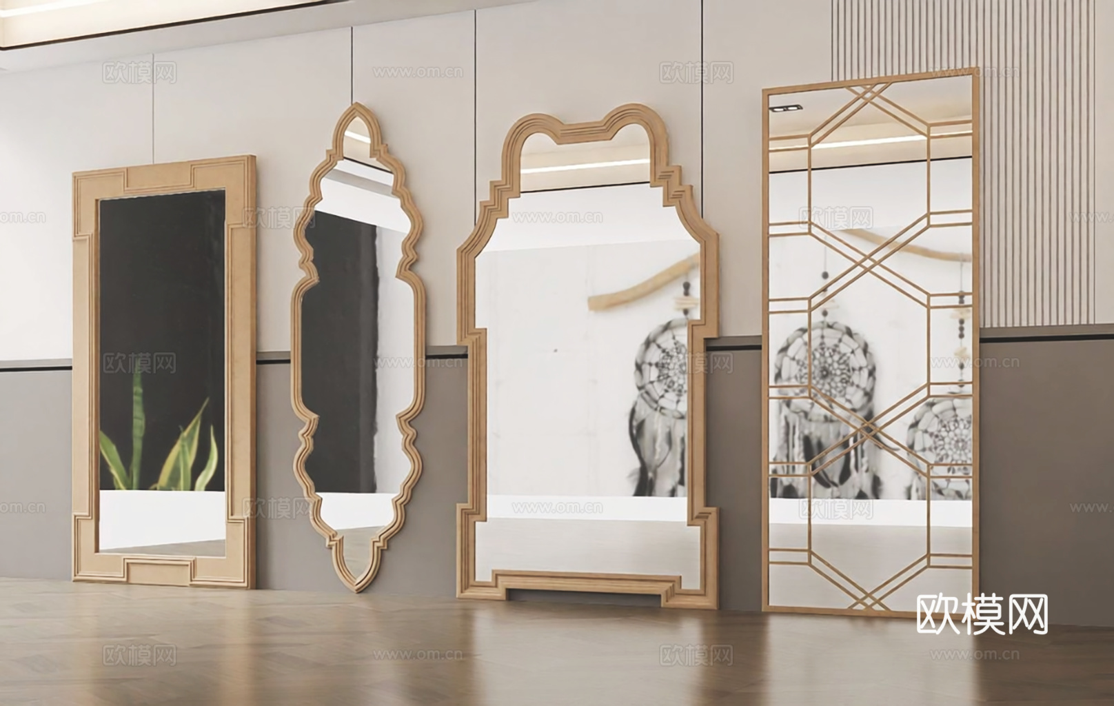 现代艺术感全身镜 波浪形拱形 几何边框su模型