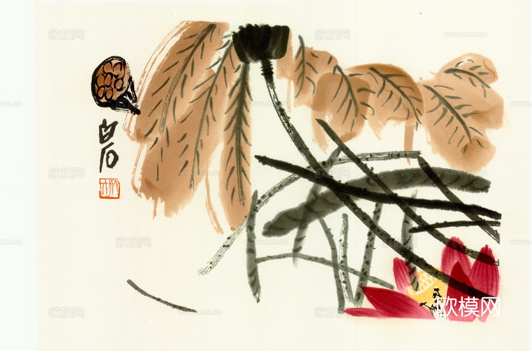 齐白石写意水墨画，近现代水墨画荷花图