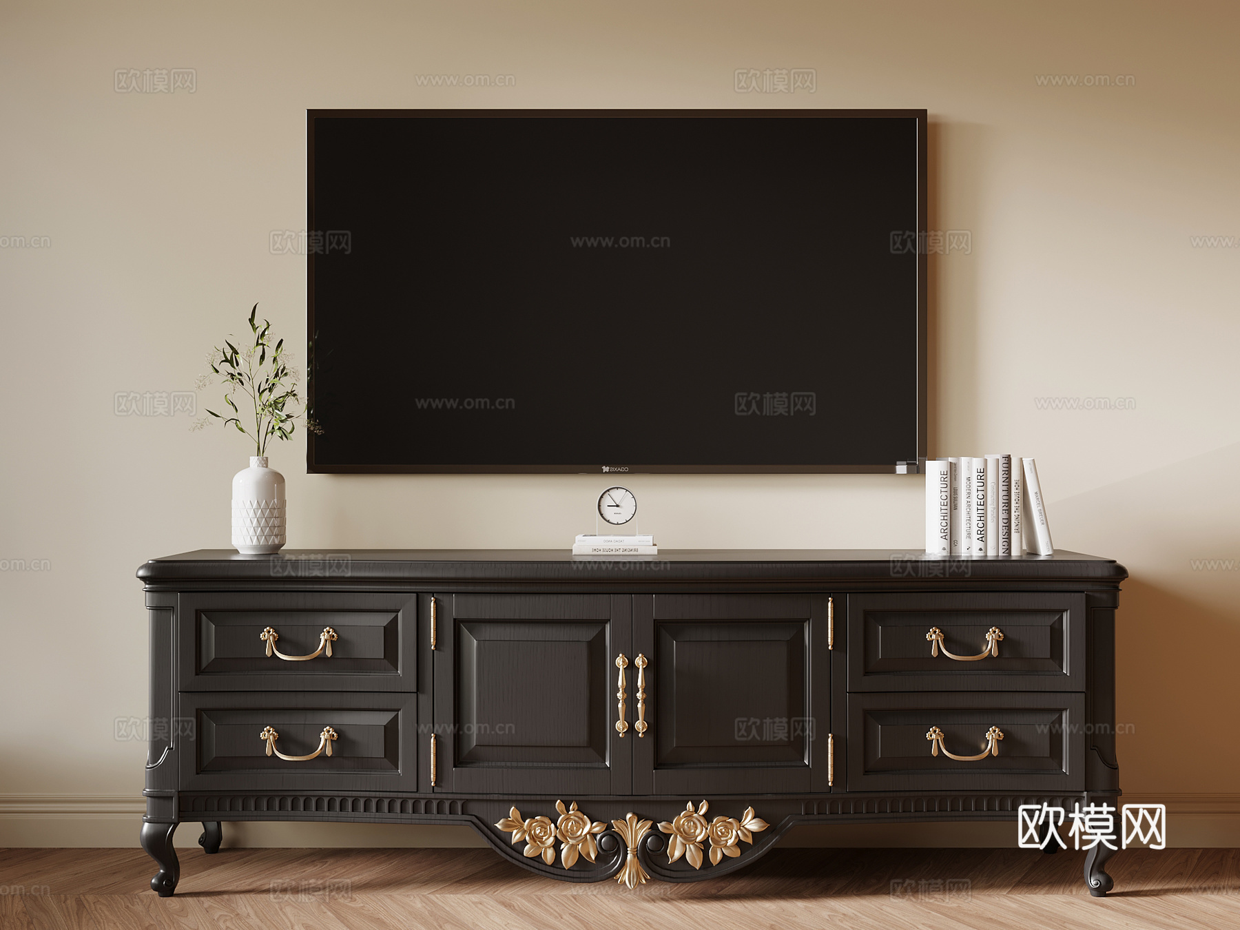 法式复古电视柜 边柜su模型下载（渲染图1）