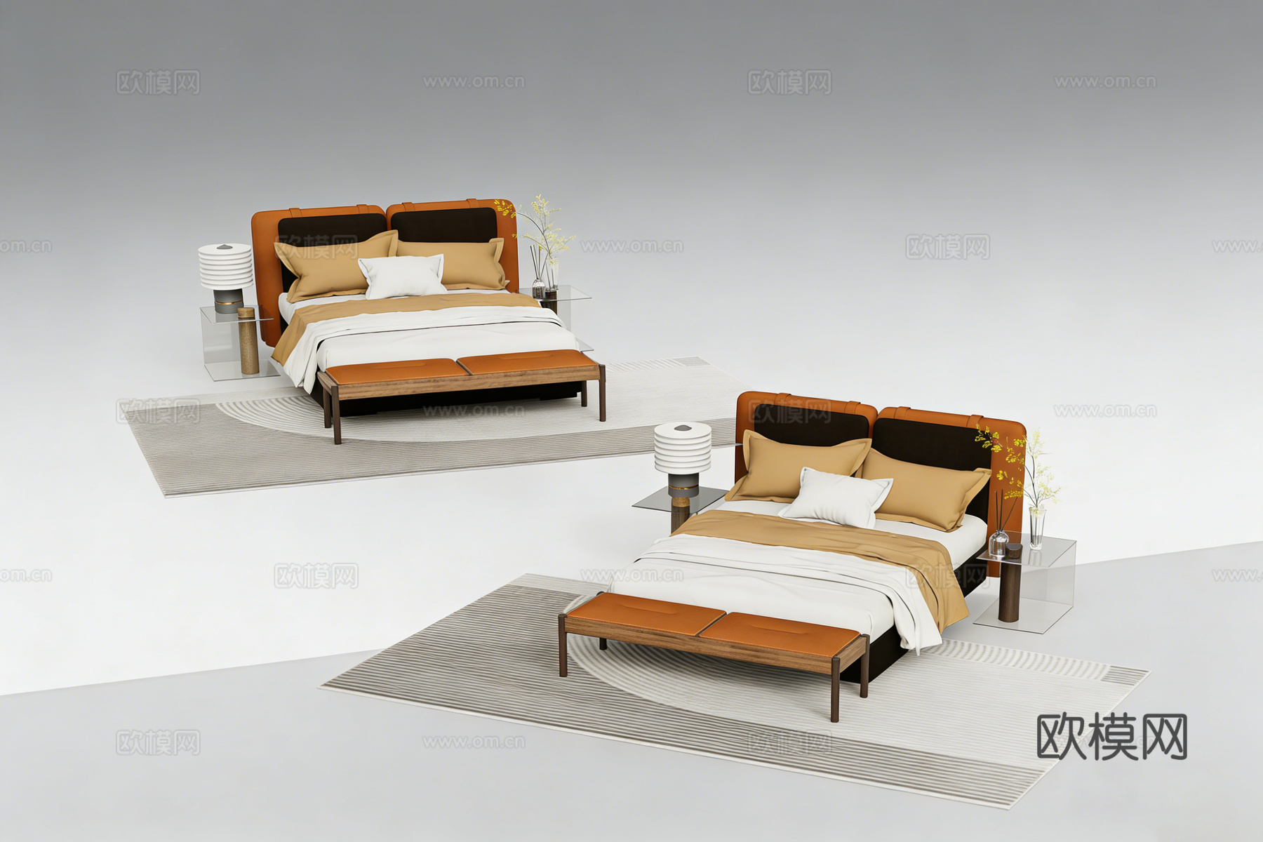 现代酒店风卧室家具 大床 玻璃床头柜 床尾凳su模型