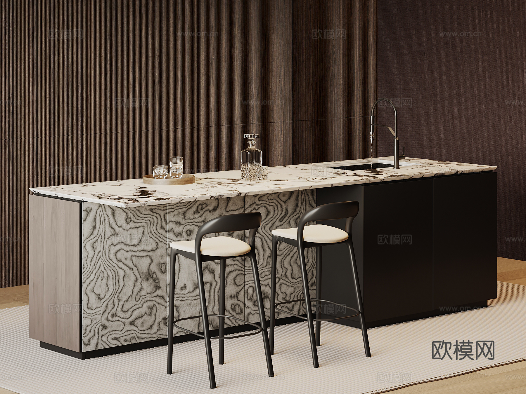 现代意式岛台 吧台 开放式餐桌椅su模型
