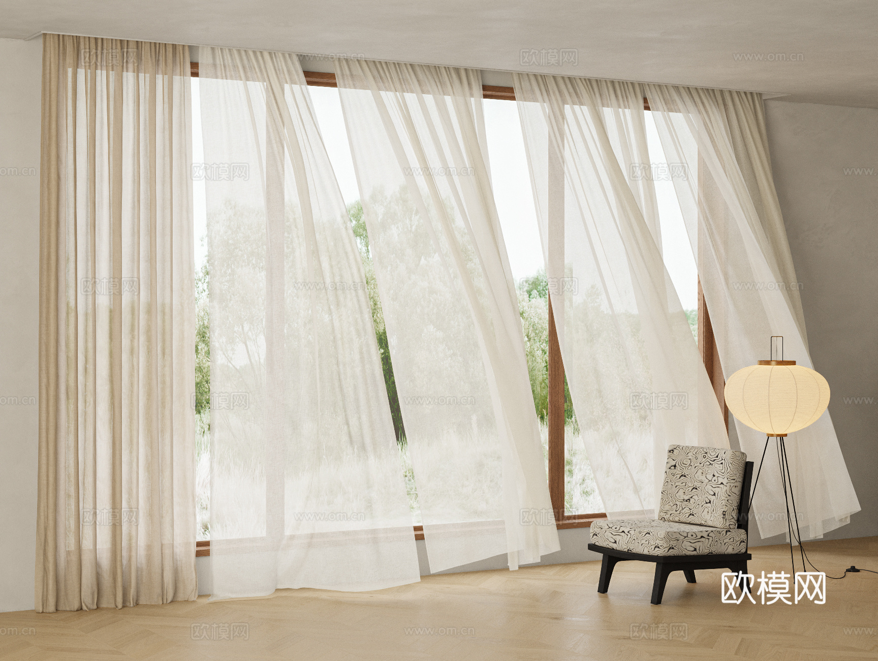 现代窗帘 飘动窗帘 纱帘 透光窗帘su模型