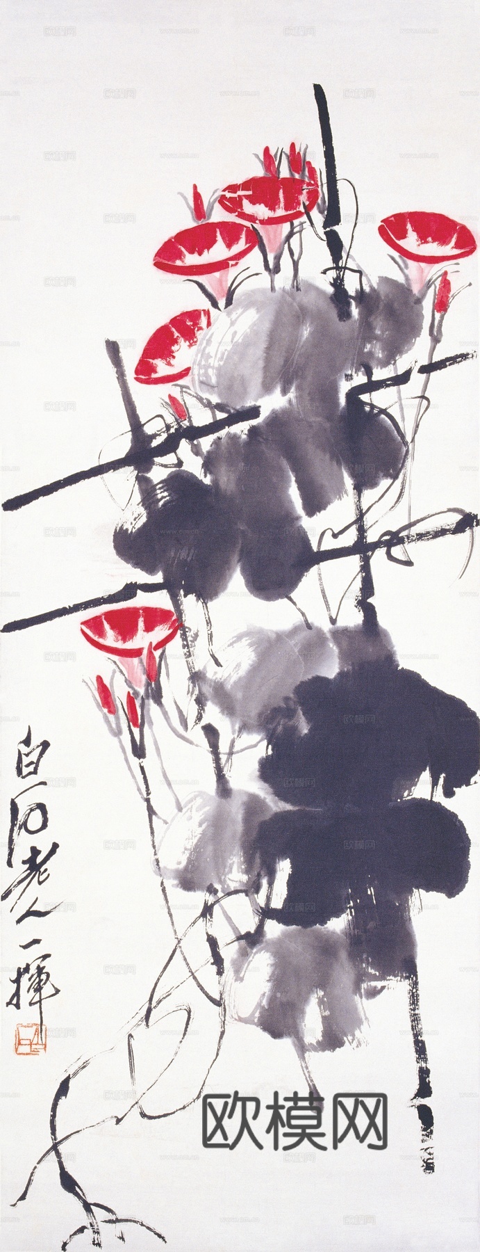 齐白石写意水墨画，近现代水墨画牵牛1