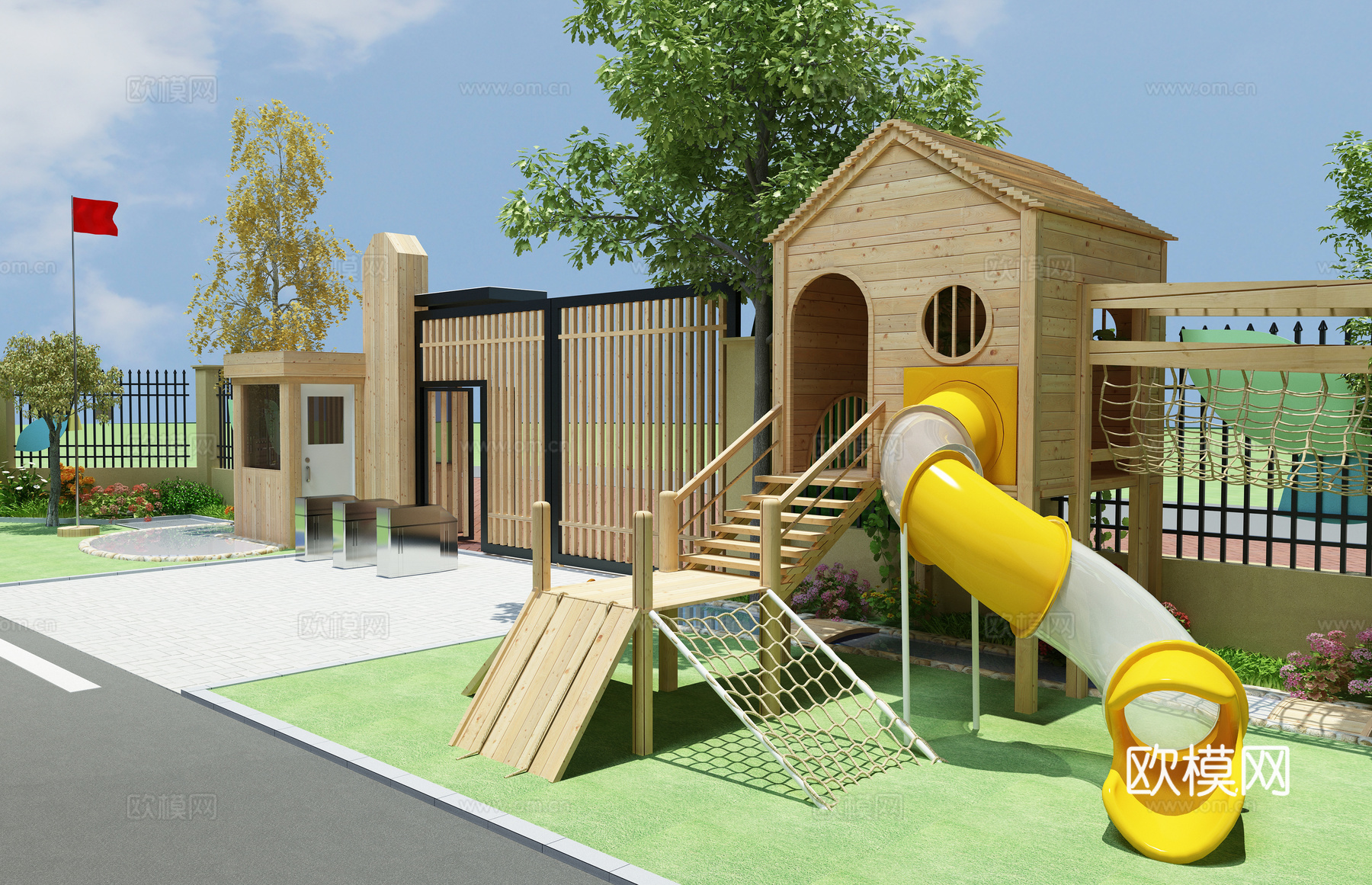 幼儿园木屋组合 户外攀爬3d模型下载（渲染图2）