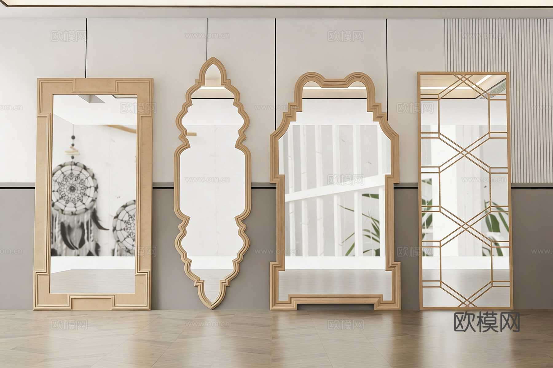 现代艺术感全身镜 波浪形拱形 几何边框su模型