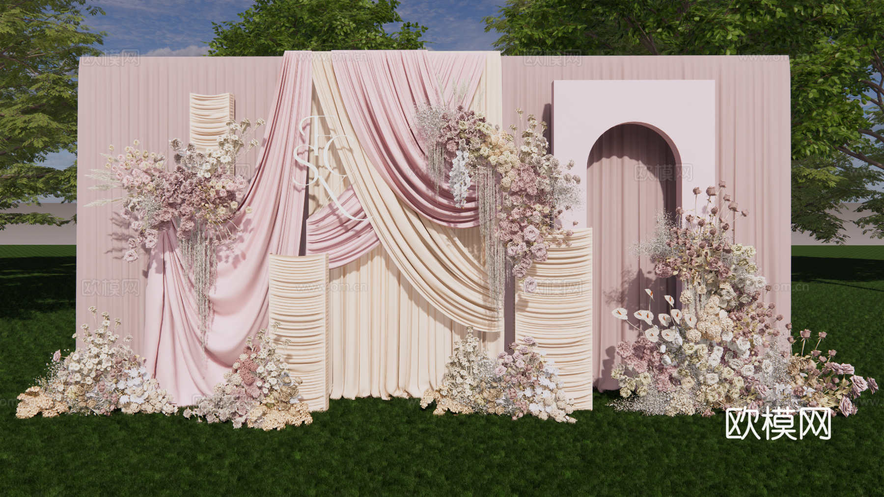 小众香槟粉布幔婚礼美陈su模型