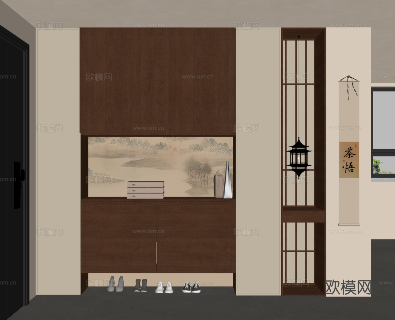 新中式玄关鞋柜su模型