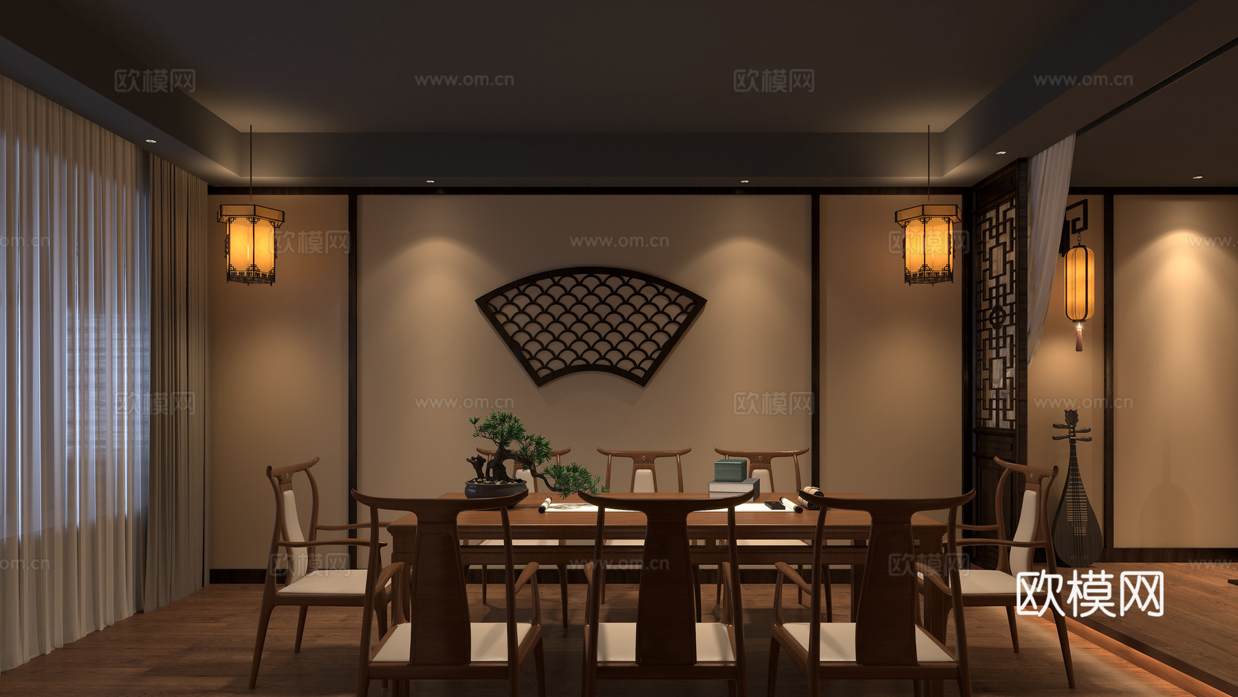 新中式剧本杀 剧本杀包间 桌游室 推理 三国杀 密室 桌椅3d模型下载（渲染图2）