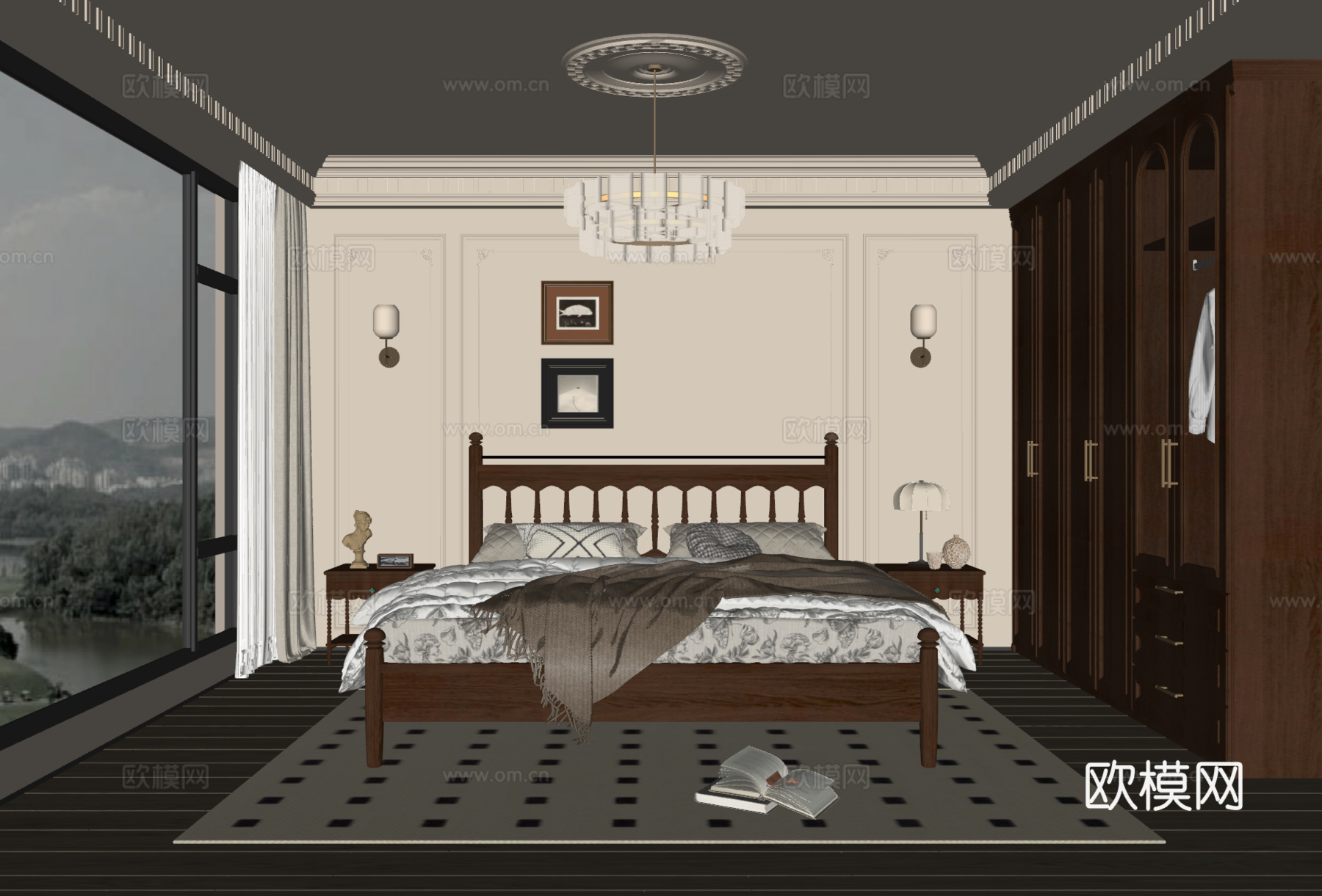 法式中古风卧室 实木双人床 床头柜 吊灯 挂画 地毯su模型