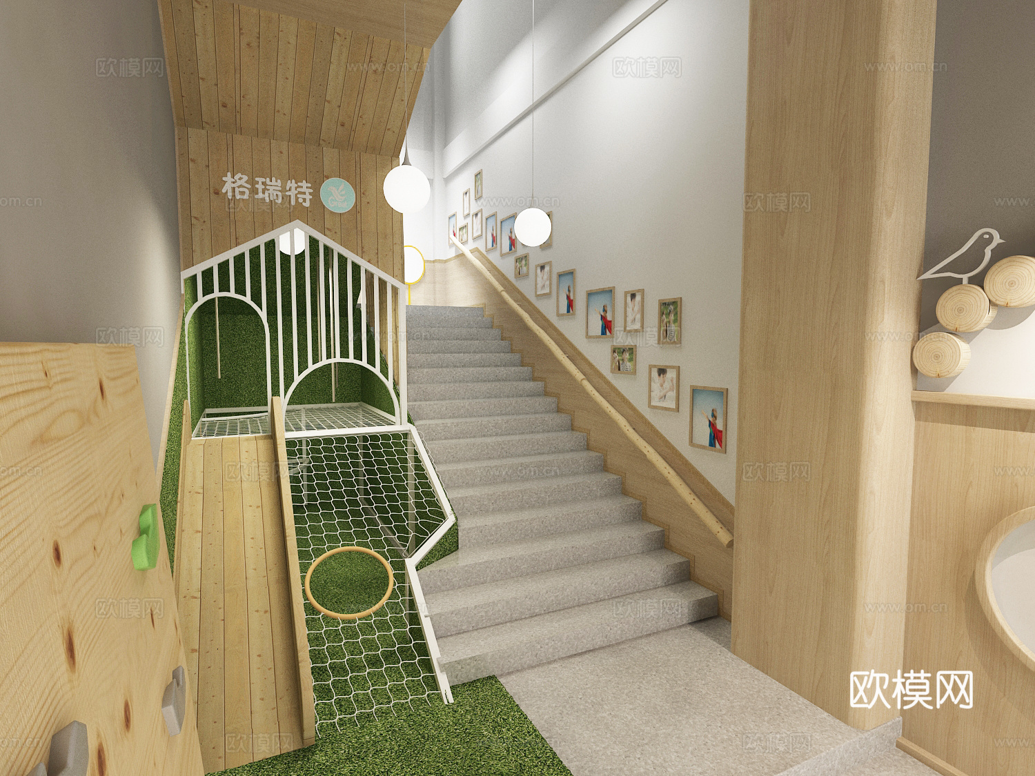 幼儿园大厅 原木风格 幼儿园主题墙3d模型3d模型下载（渲染图2）