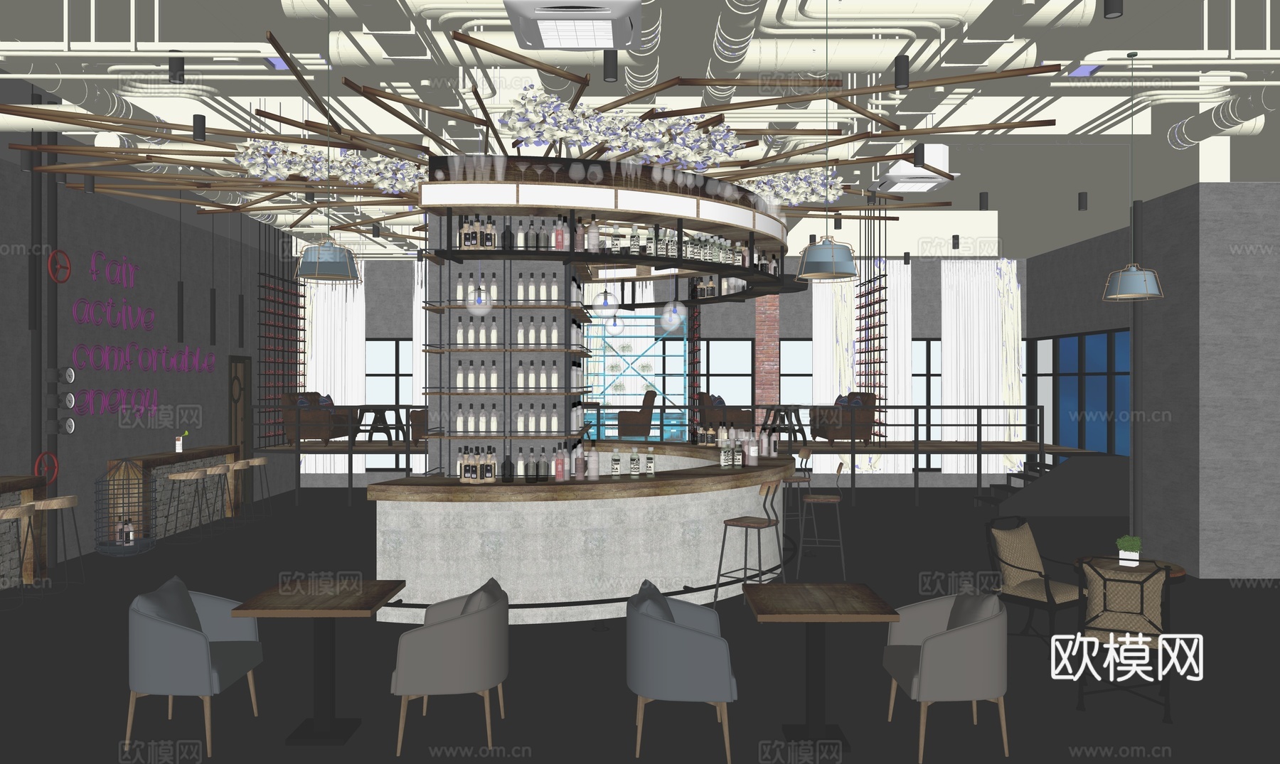 工业风酒吧_清吧_酒吧台_卡座区_吧台_收银台_酒柜_卡座_su模型