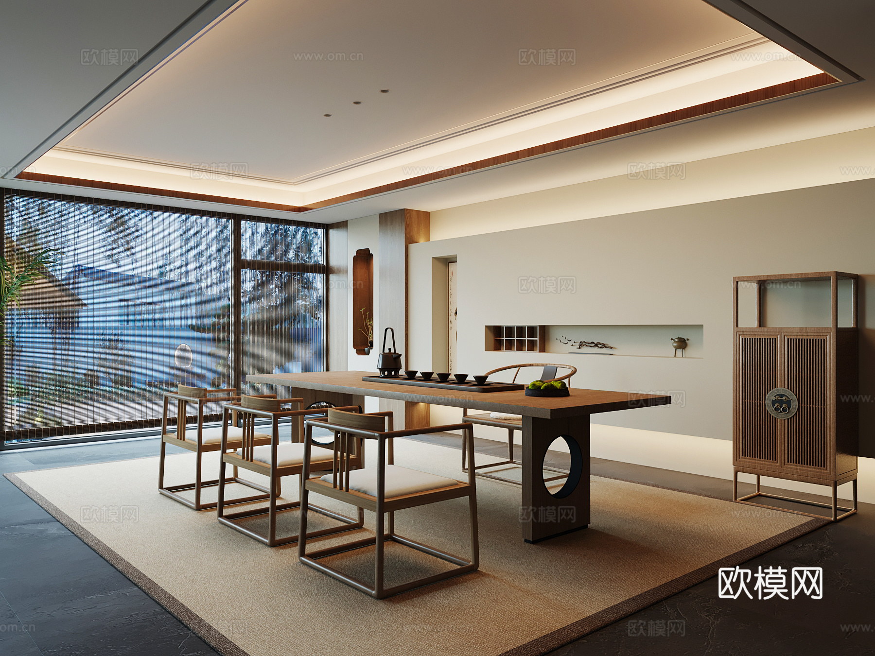 新中式茶室 茶桌椅 博古架su模型