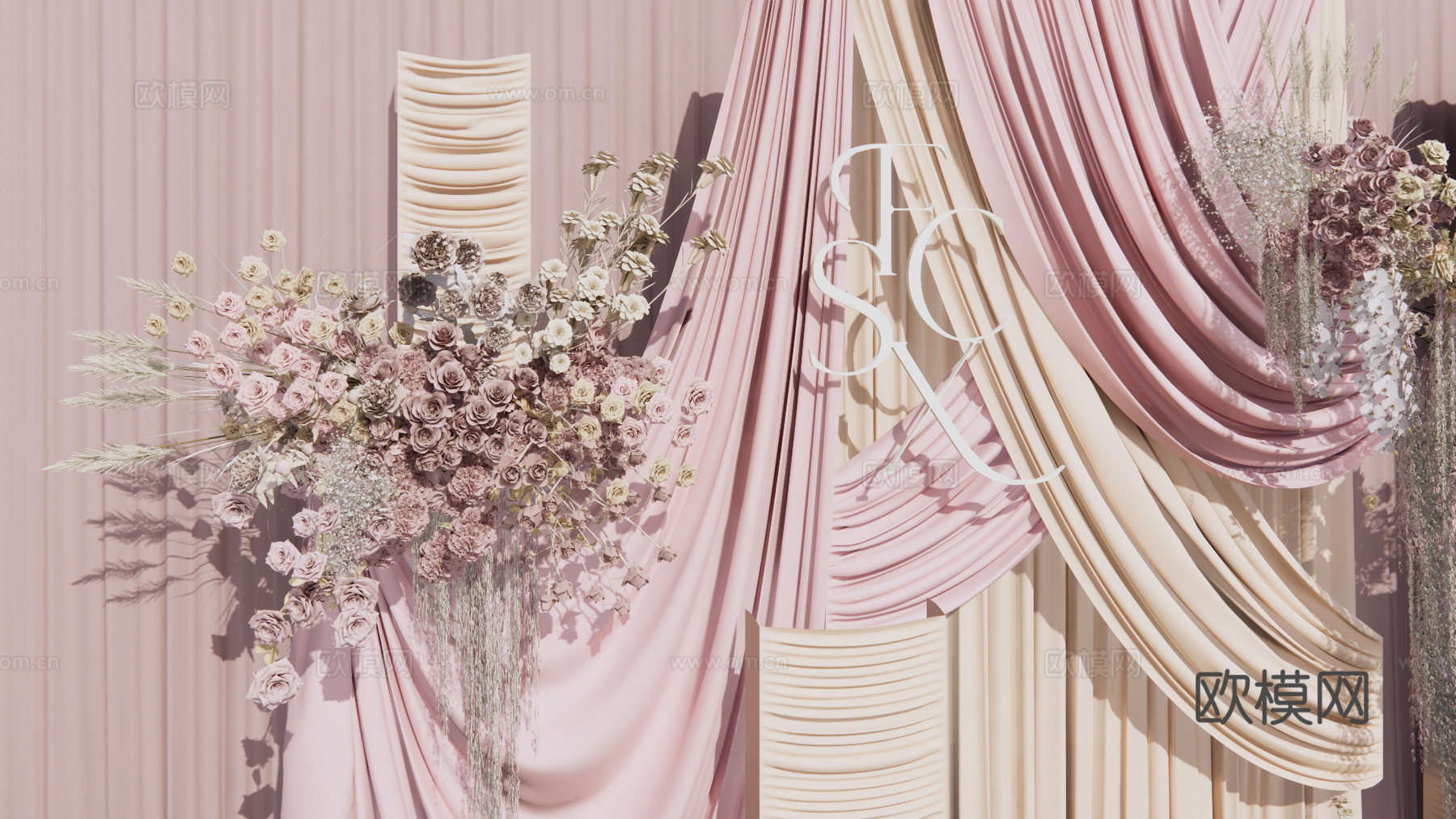 小众香槟粉布幔婚礼美陈su模型