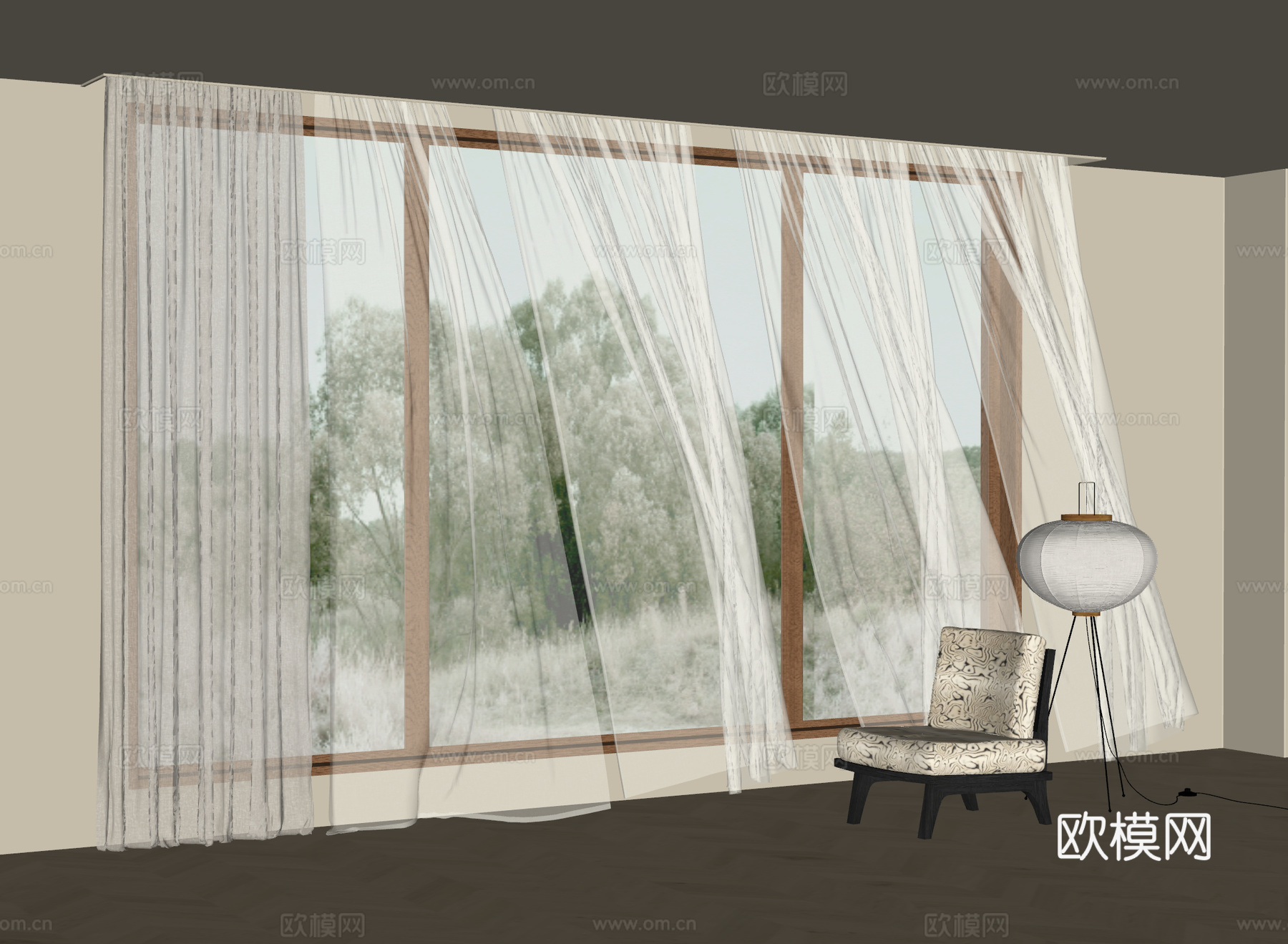 现代窗帘 飘动窗帘 纱帘 透光窗帘su模型