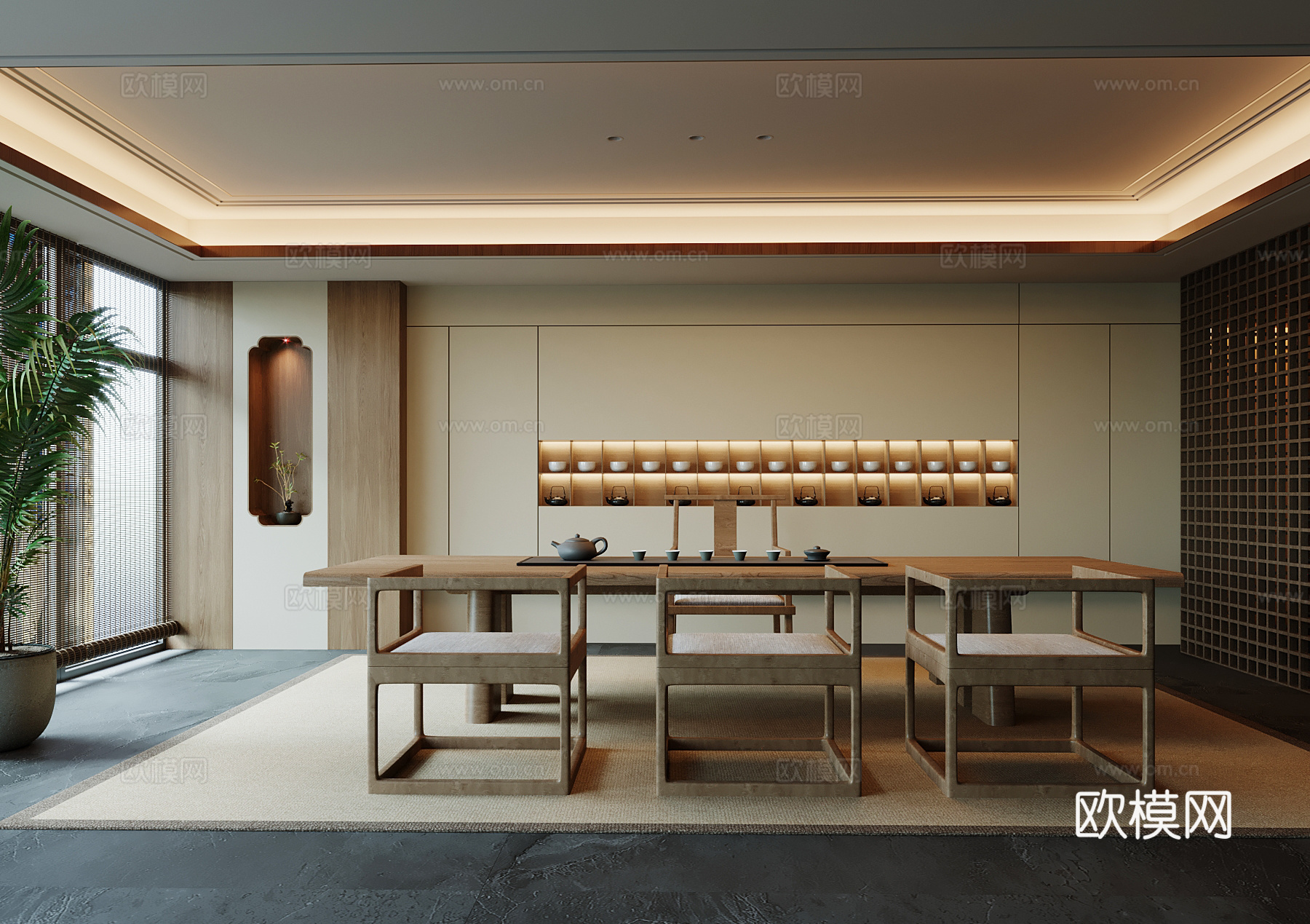 新中式茶室 茶桌椅 博古架su模型